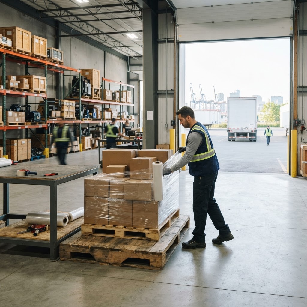 Worker wrapping pallet for shipping in a clean warehouse