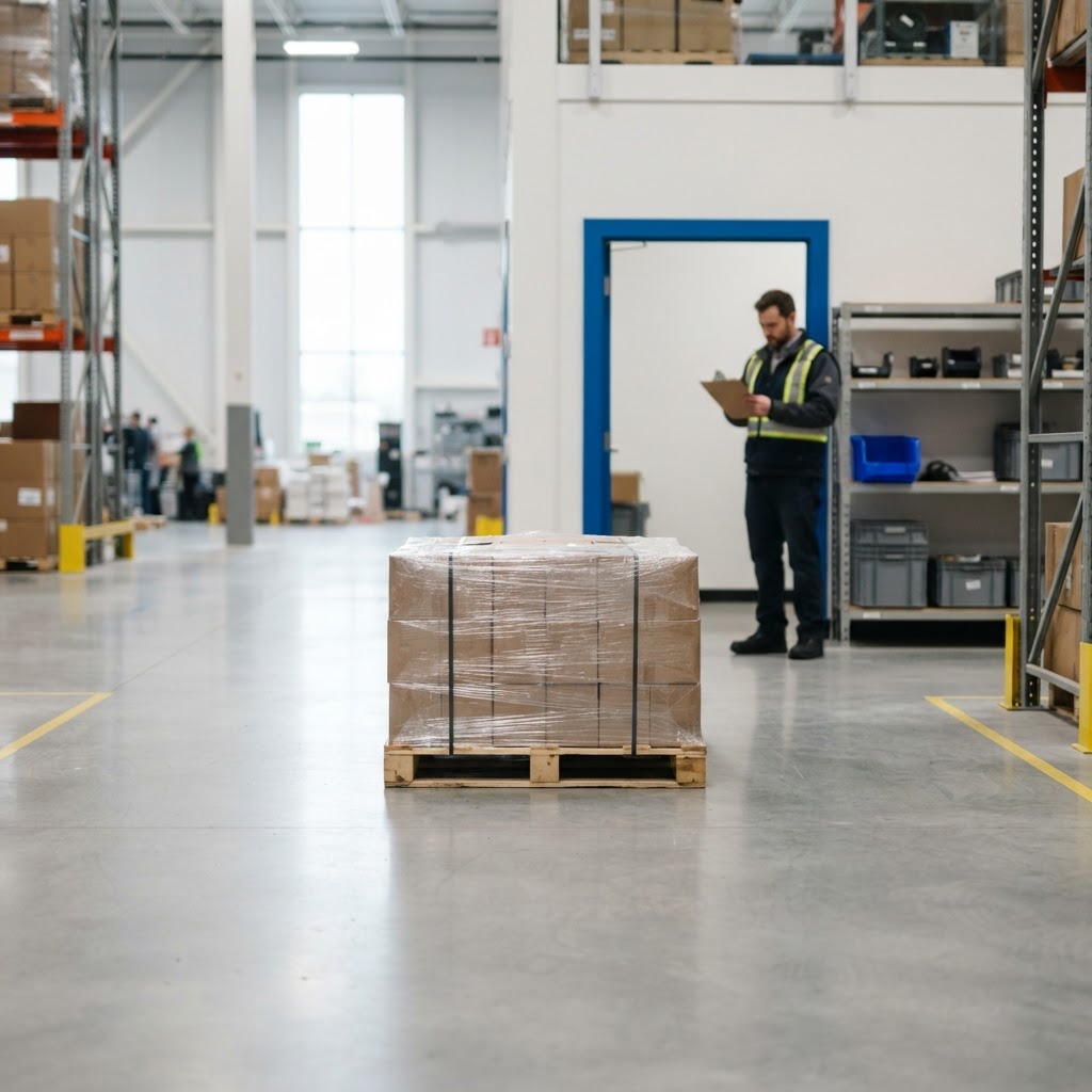 Clean organized warehouse floor with a single pallet