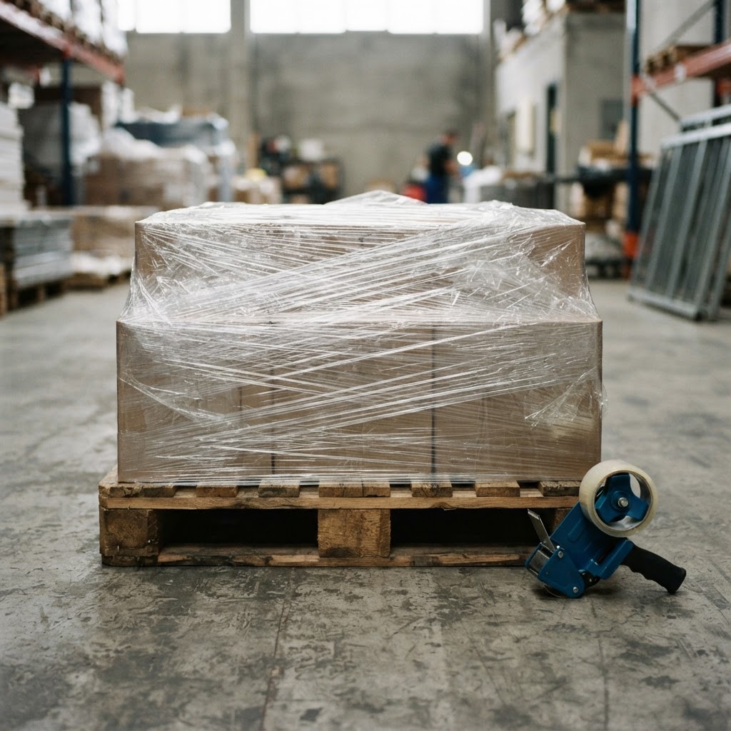 Close up of shipping materials and shrink wrapped pallet