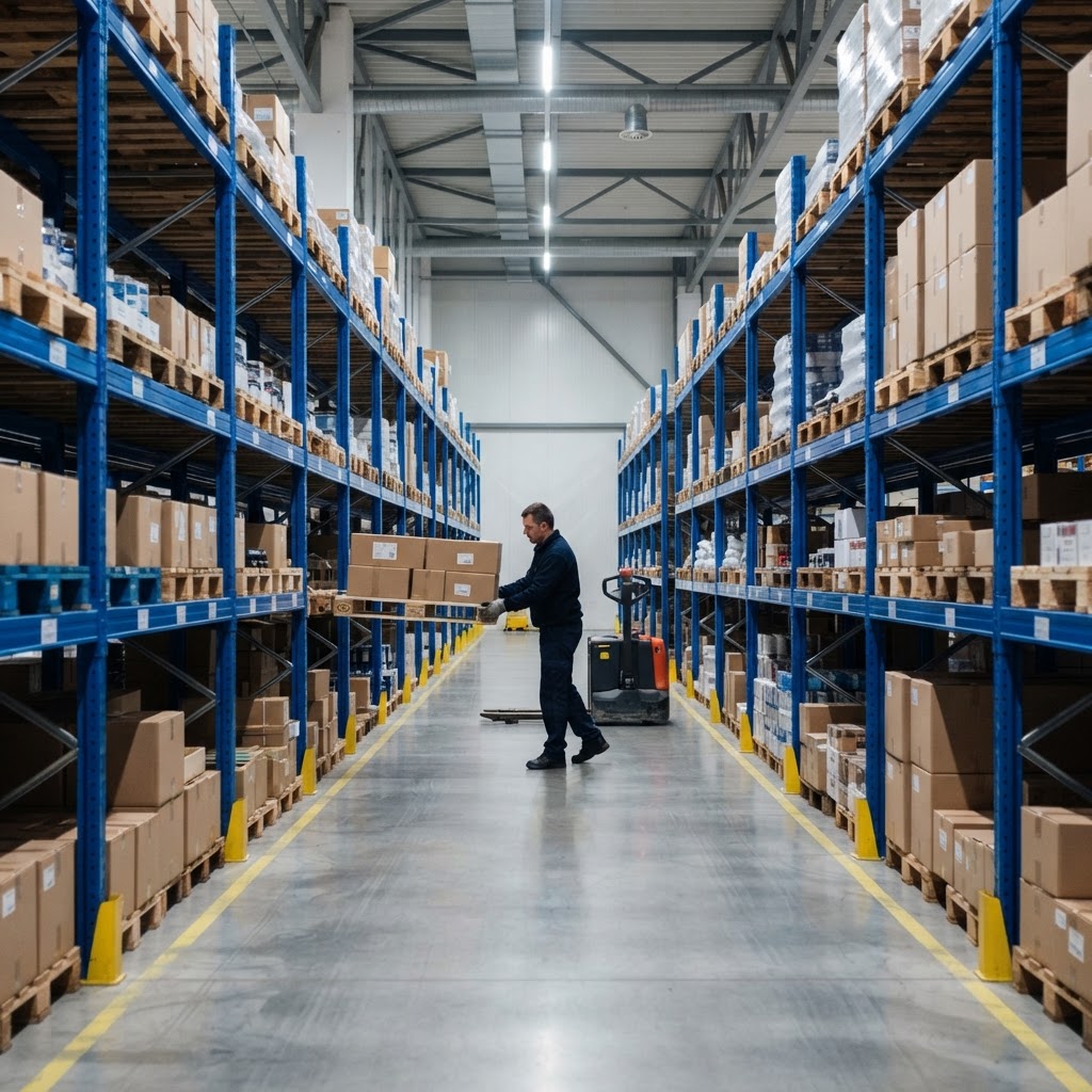 Professional warehouse aisle with orderly blue shelving