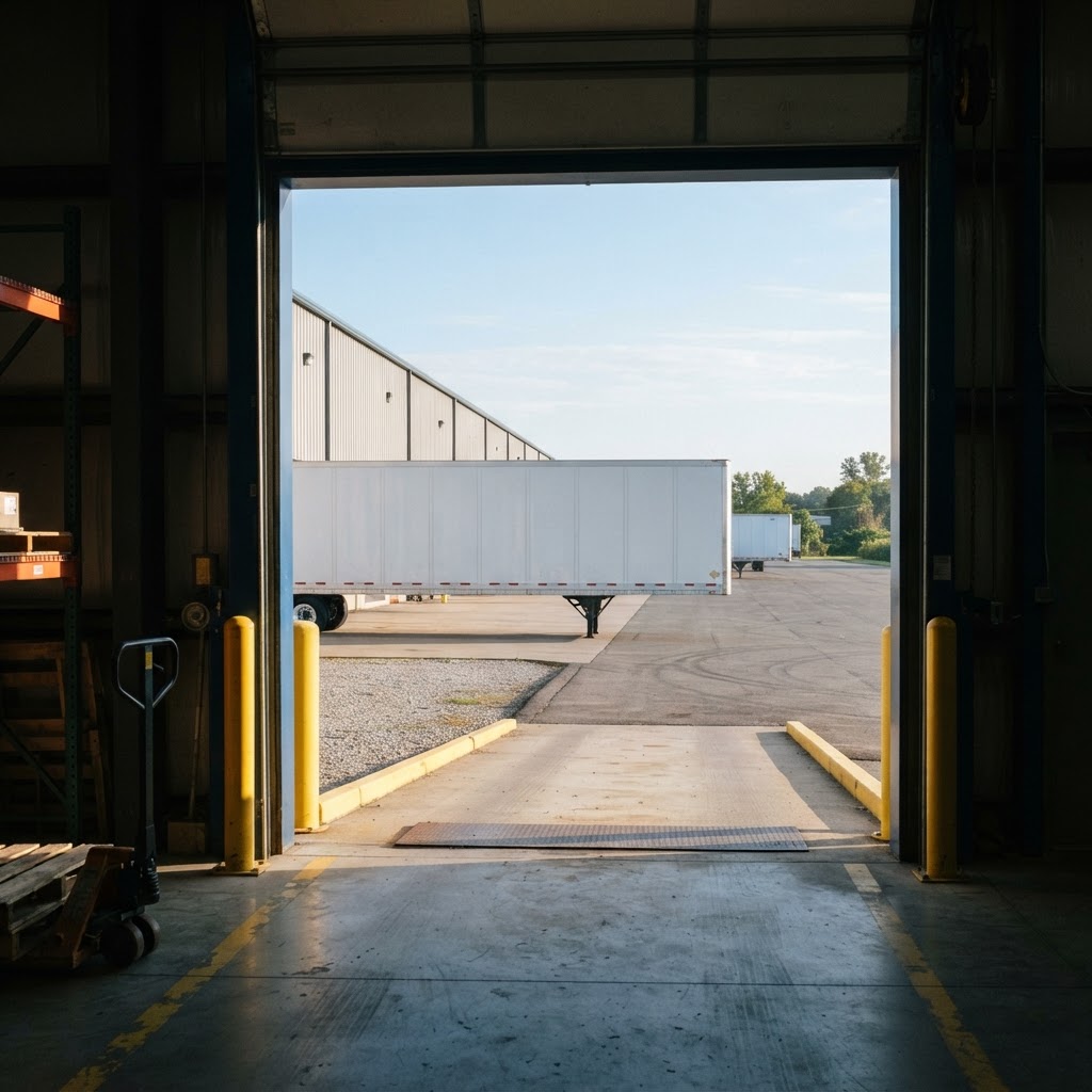 View of a freight trailer from a warehouse loading bay