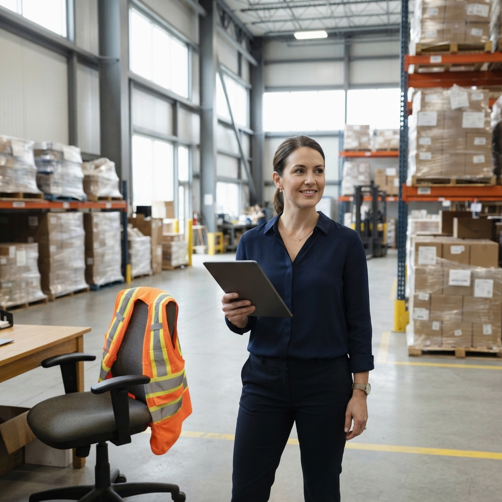 Logistics coordinator managing warehouse shipments with a tablet