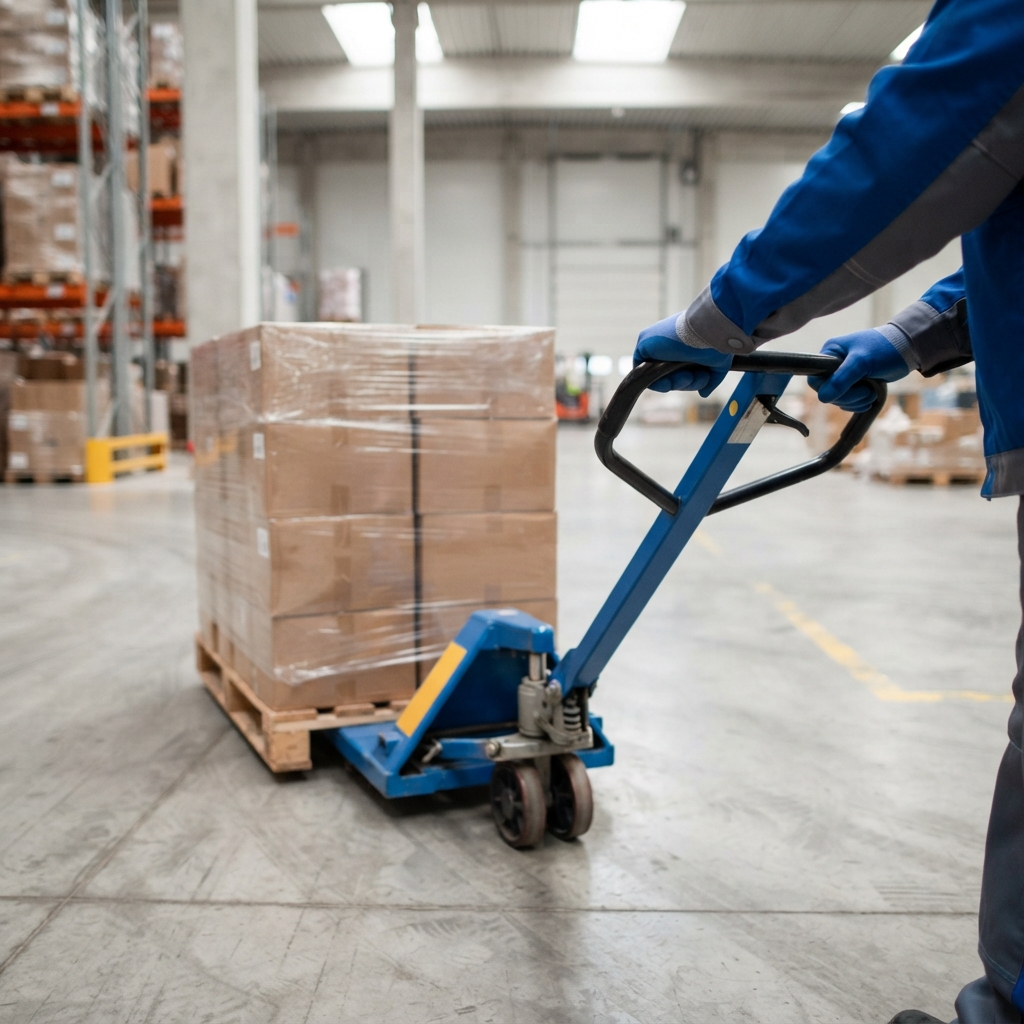 Warehouse worker maneuvering a pallet in a clean facility