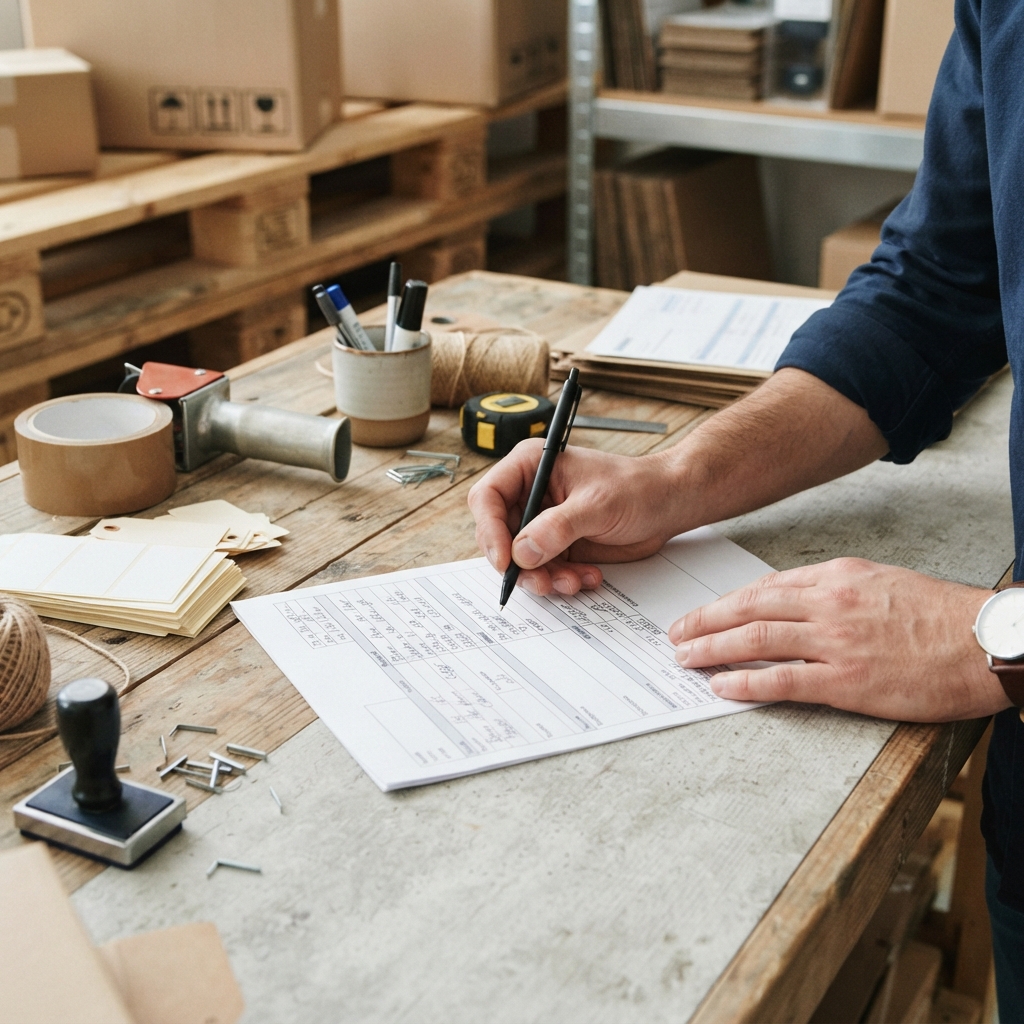 Detailed shot of handwritten shipping paperwork on a desk
