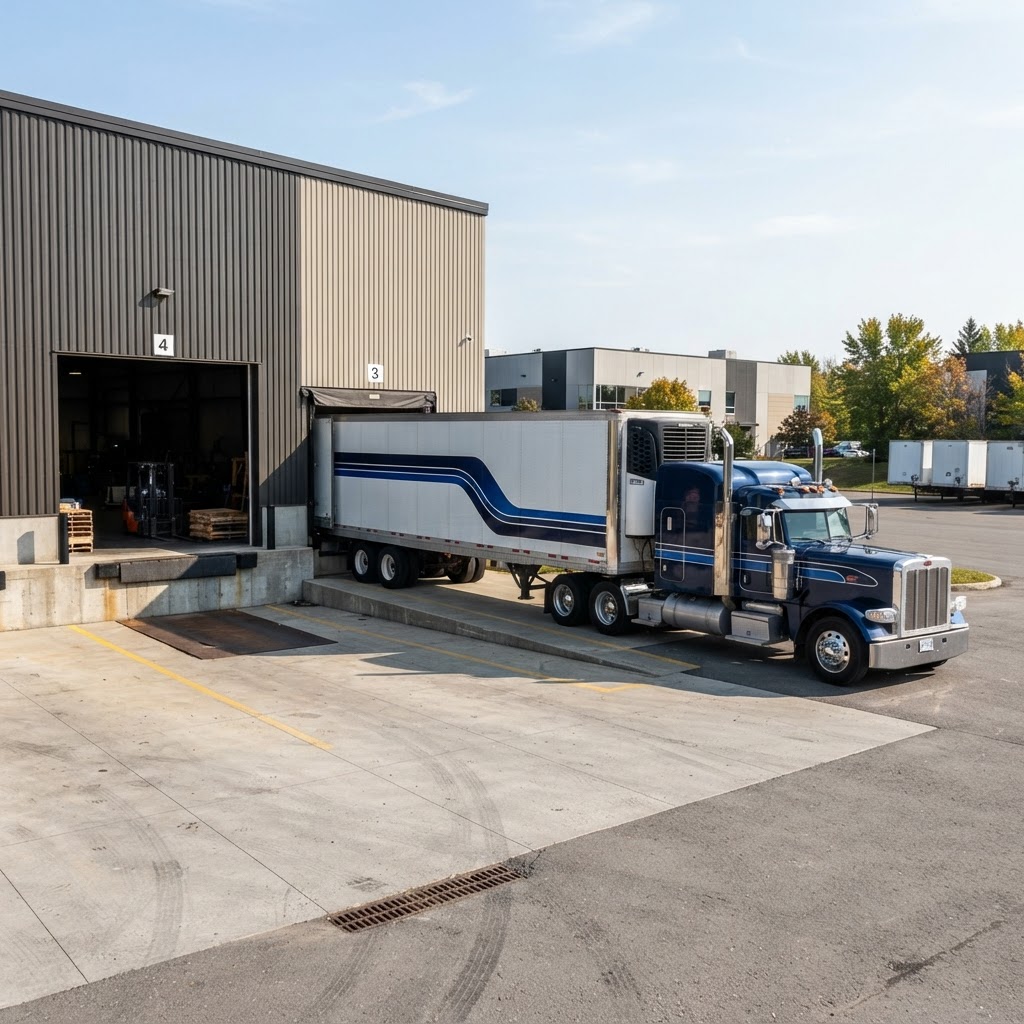 Semi trailer truck at a clean loading bay