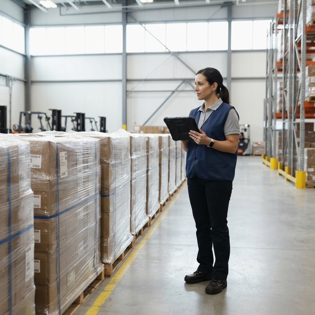 Warehouse manager preparing pallets for LTL shipping