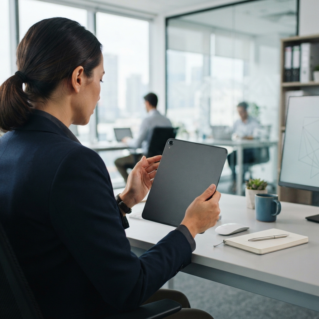 Logistics manager reviewing shipping documentation on a tablet