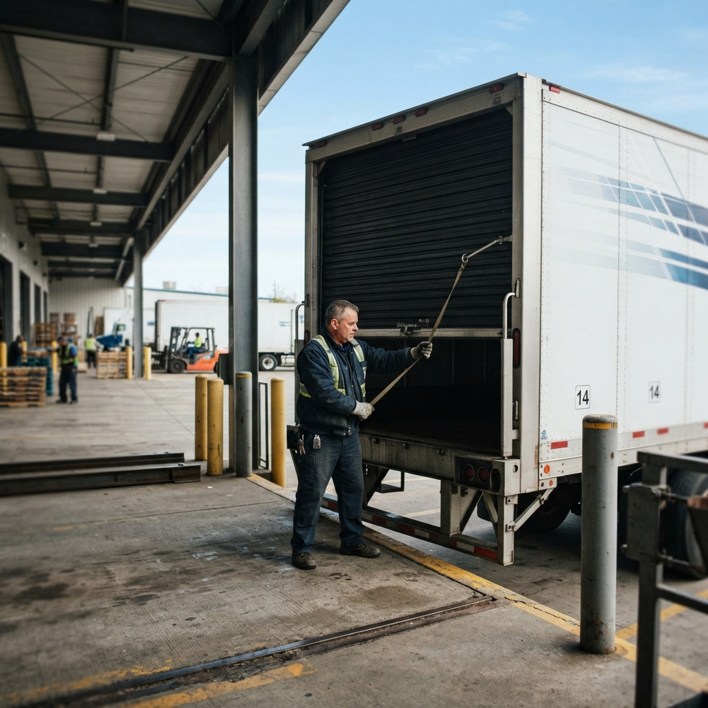 Truck driver closing a trailer door at a loading dock