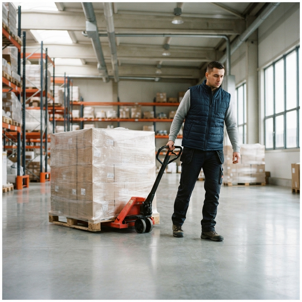 Warehouse worker maneuvering a pallet for cross border shipping
