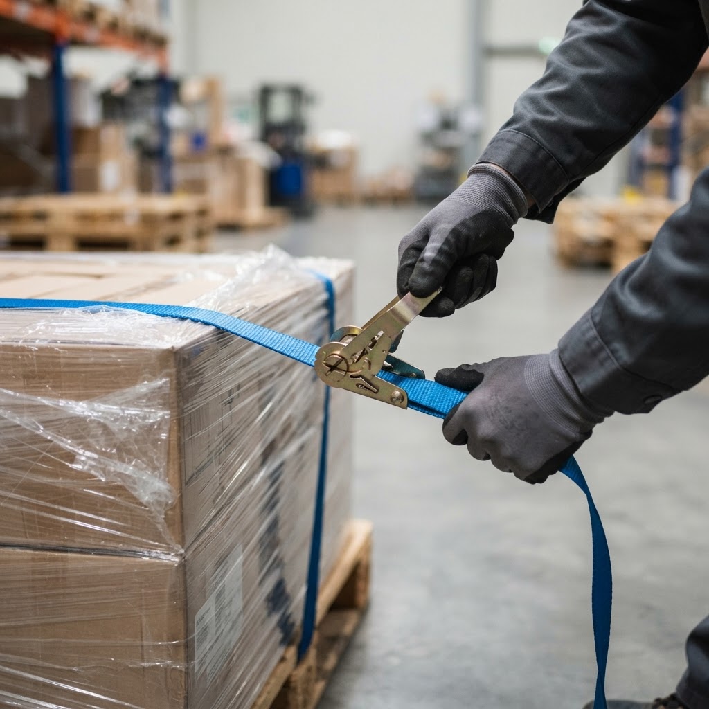 Securing a pallet with a blue freight strap