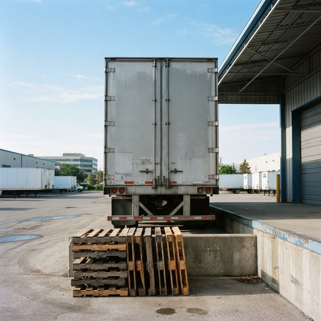 Transport truck parked at a distribution center
