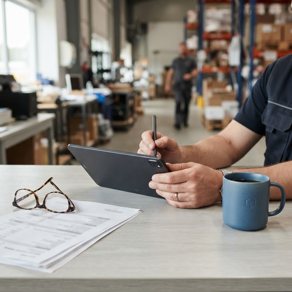 Close up of logistics manager workspace in a warehouse