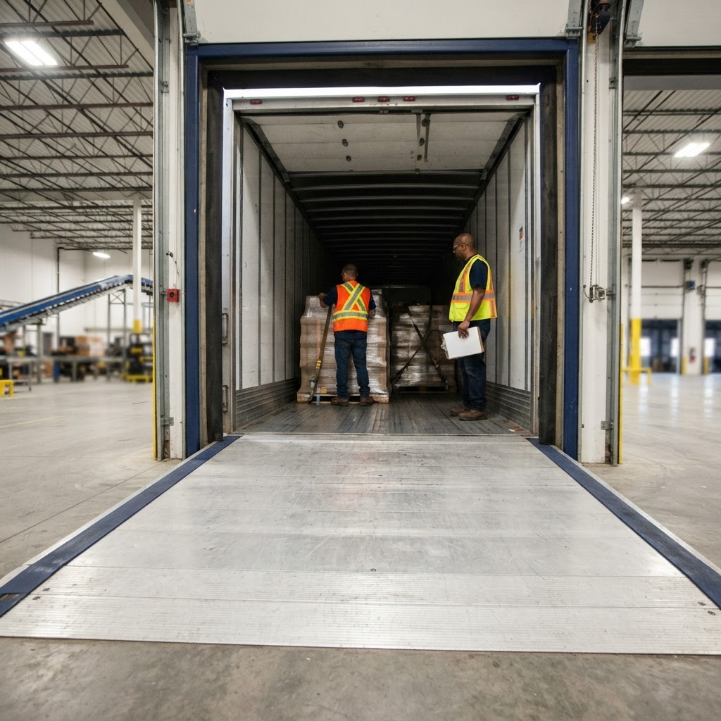 Interior of a freight trailer at a loading dock