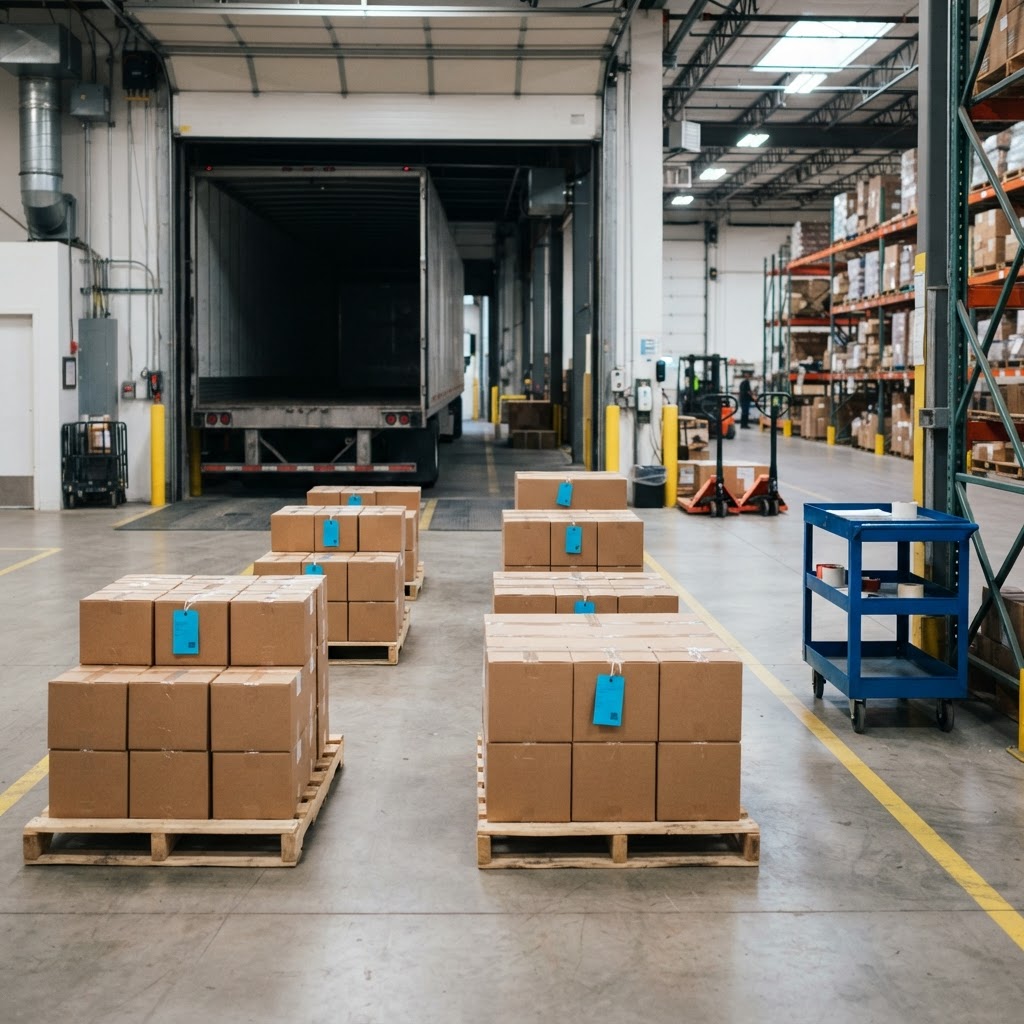 Organized warehouse floor with staged pallet freight