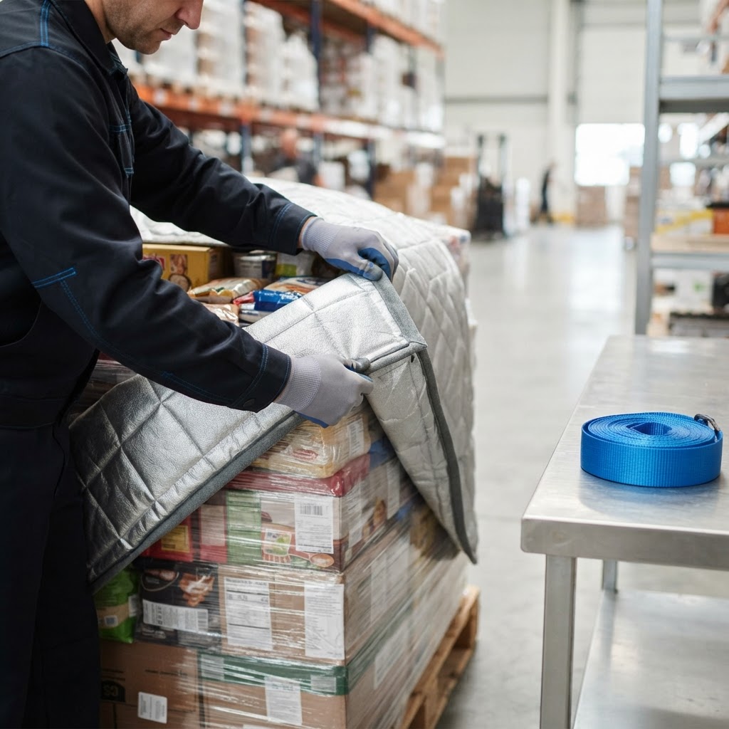 Worker securing palletized food freight in a warehouse