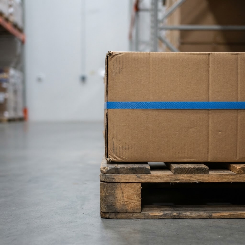 Close up of a secured pallet with a blue strap