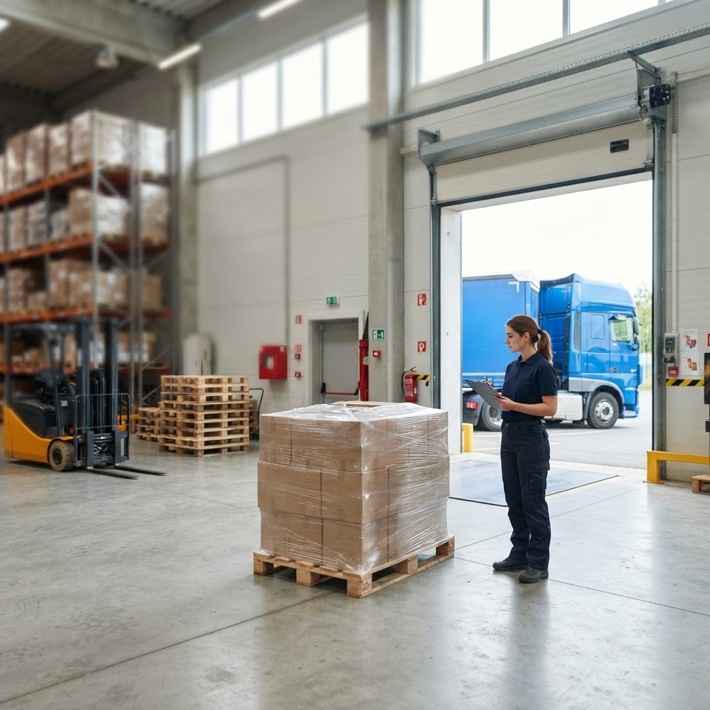 Logistics coordinator watching over palletized freight in a bright warehouse