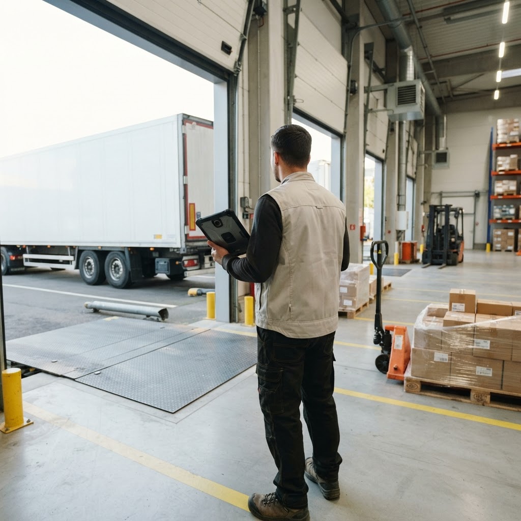 Person holding a tablet near a loading dock with a trailer