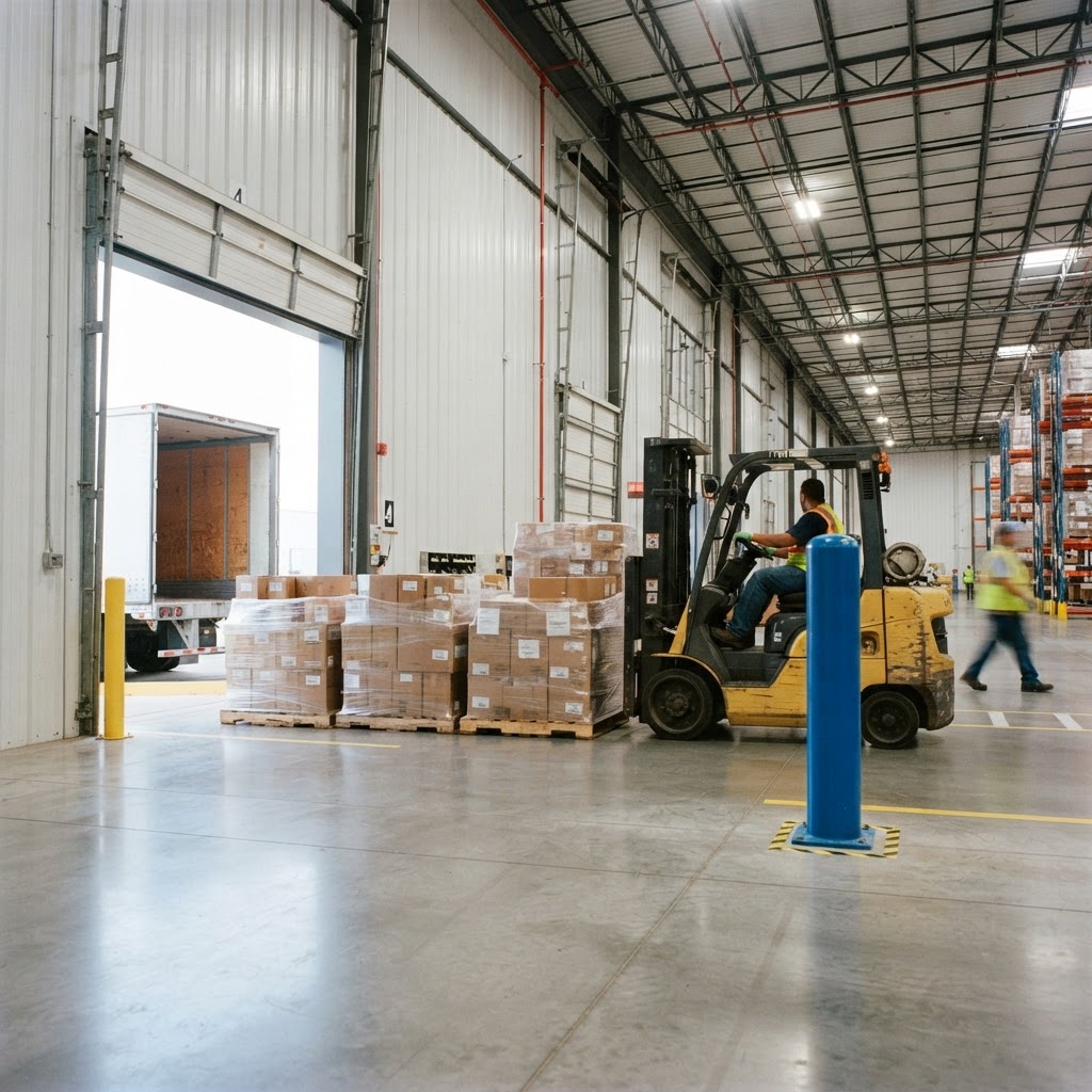 Wide view of an organized warehouse loading bay area