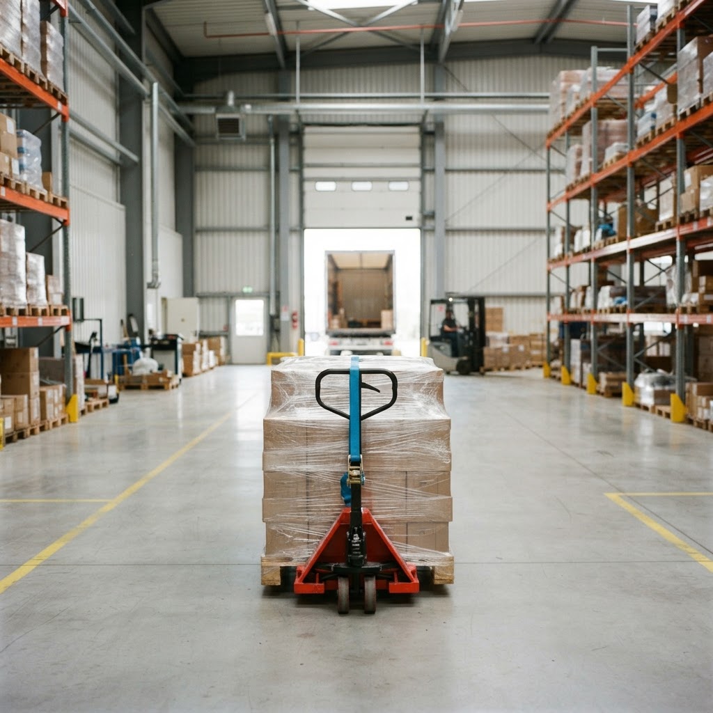 A single prepared shipping pallet ready on a warehouse floor