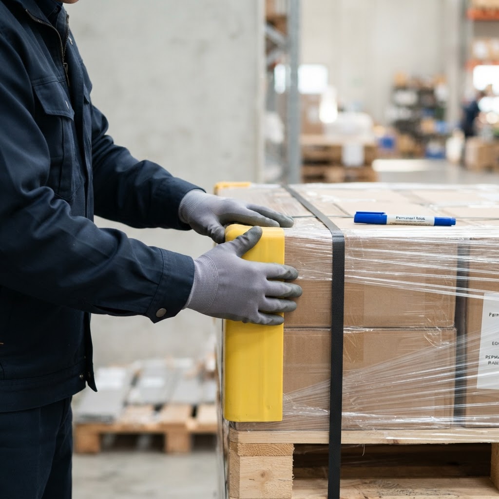 Hands securing protective corner on a shipping pallet