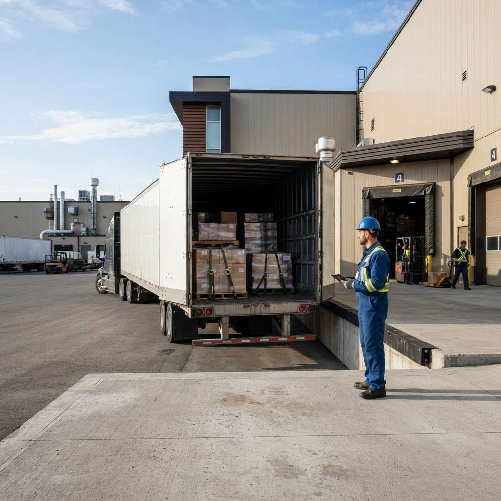 Worker preparing a truck trailer at a warehouse loading bay