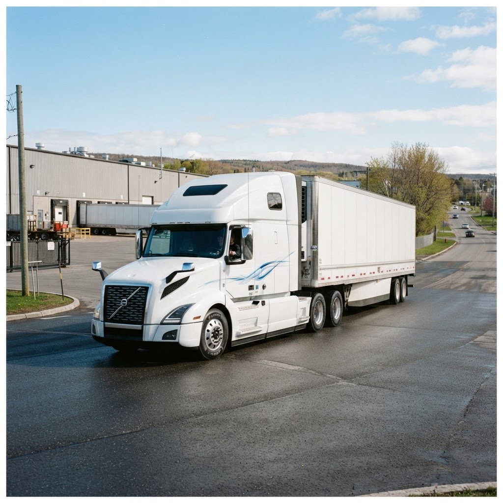 Commercial transport truck departing a warehouse