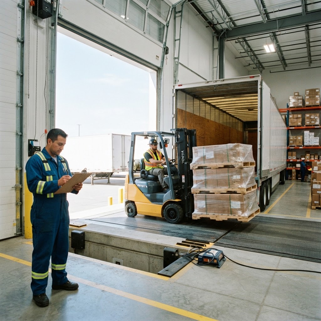 Forklift loading palletized freight onto a trailer
