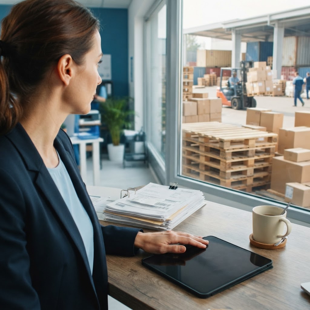 Logistics manager organizing freight documentation
