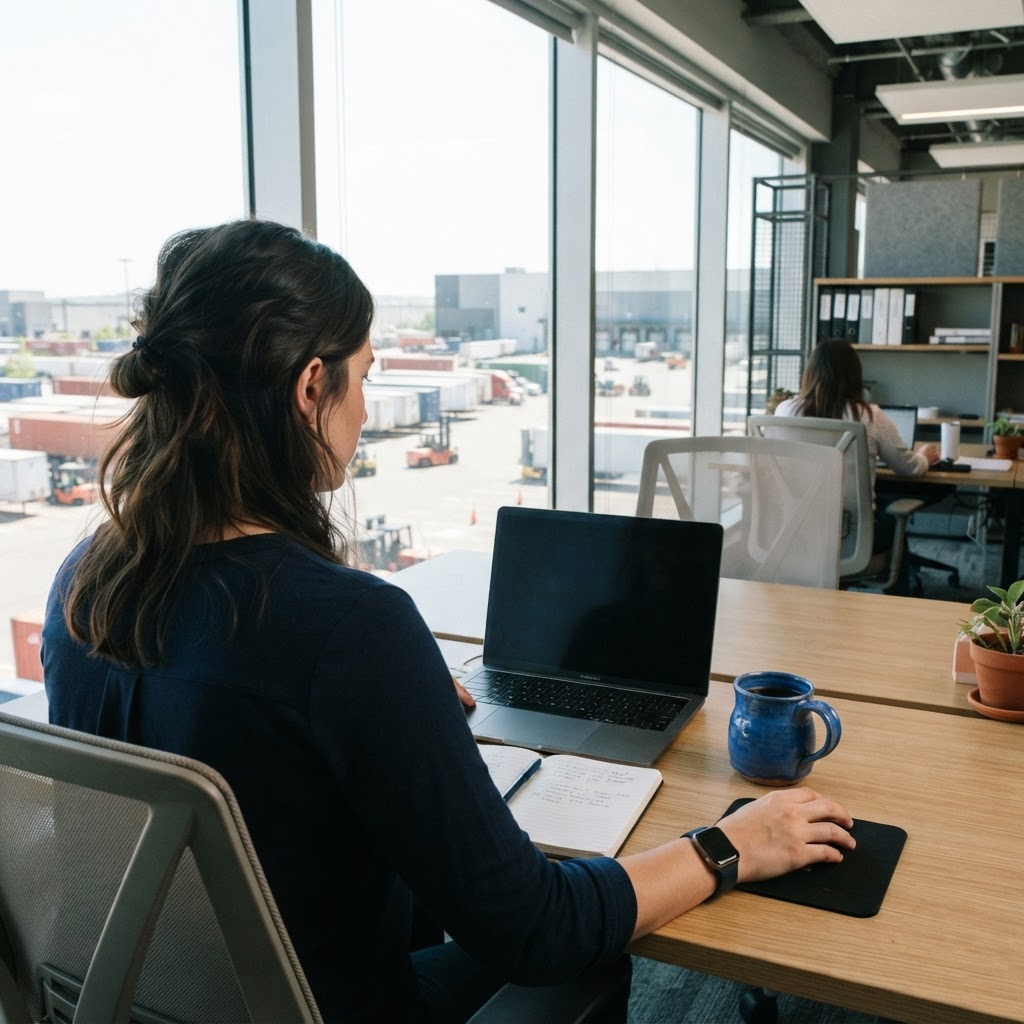 Logistics coordinator at desk in a bright office