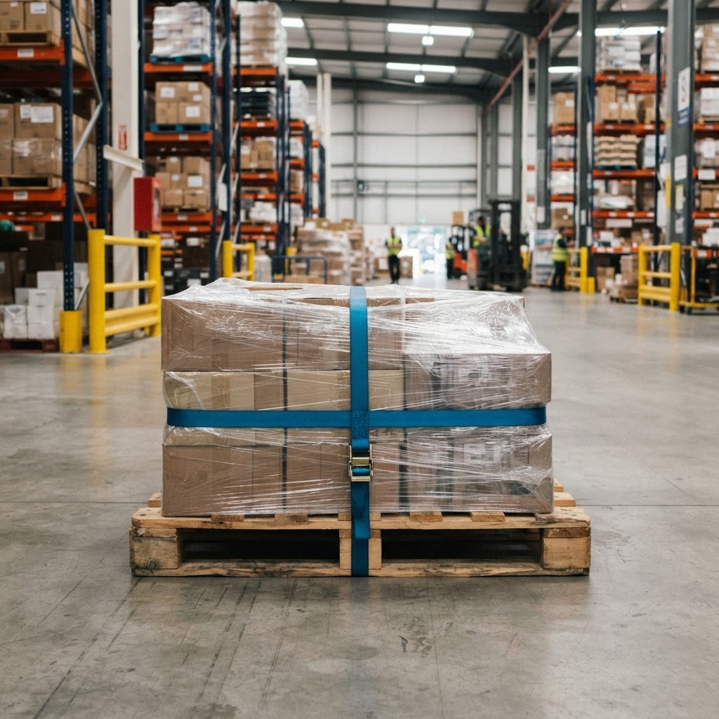 Securely strapped freight pallet in a warehouse