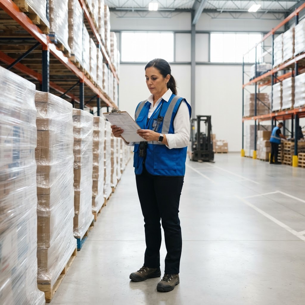 Warehouse manager reviewing documents beside freight pallets