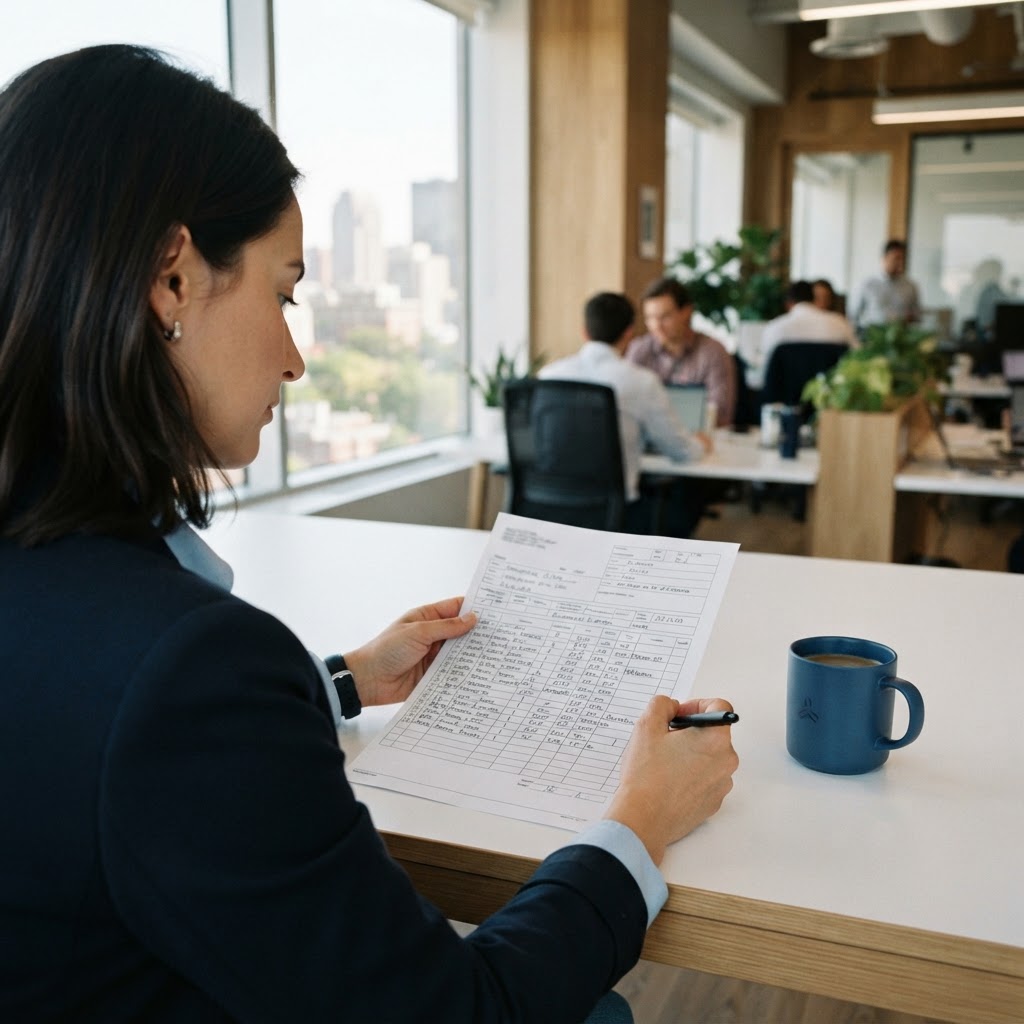 Logistics manager reviewing paper shipment manifest at desk