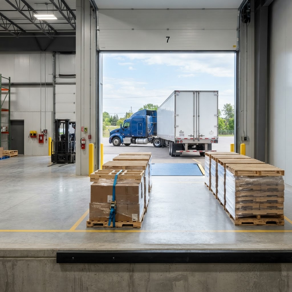 Organized warehouse loading dock ready for freight pickup