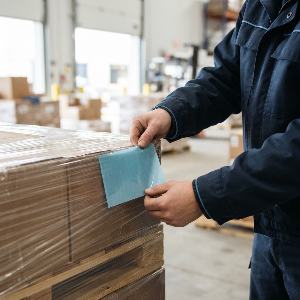 Warehouse worker carefully labeling pallet for shipping