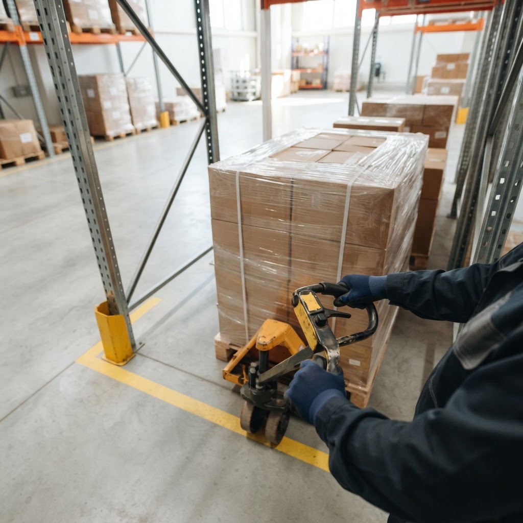 Forklift operator moving a pallet in a warehouse