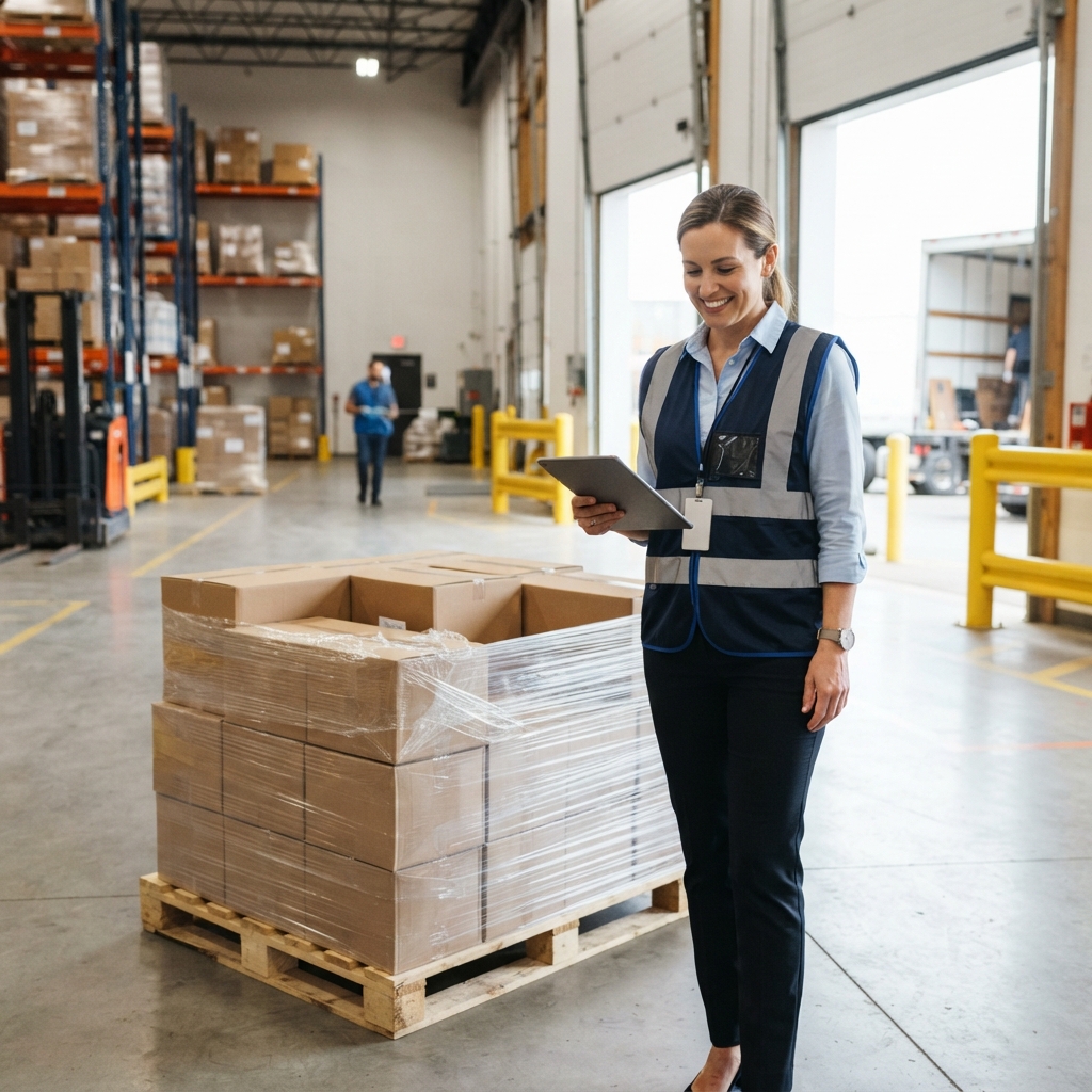 Logistics manager organizing freight in a clean warehouse