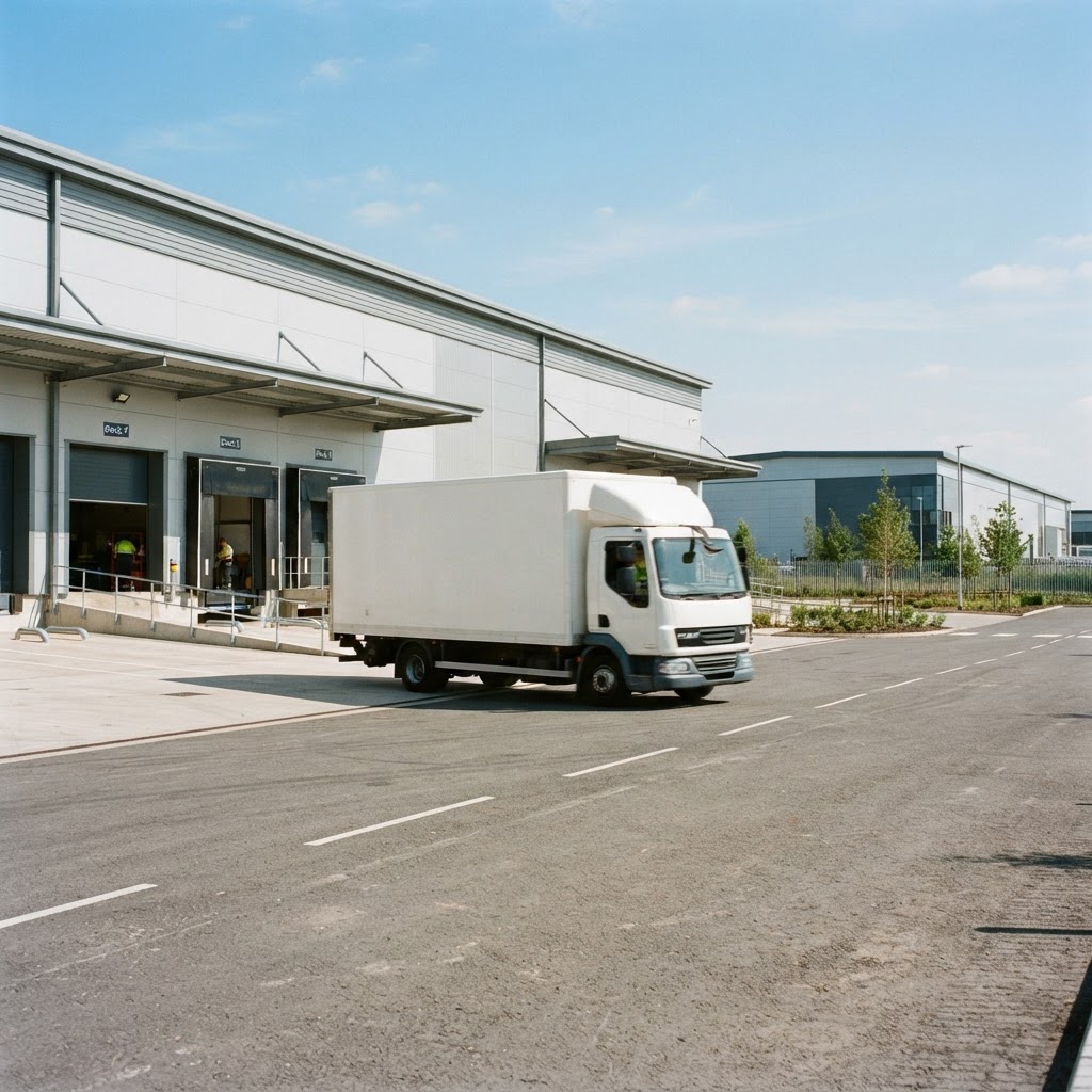 Transport truck departing from a warehouse loading dock