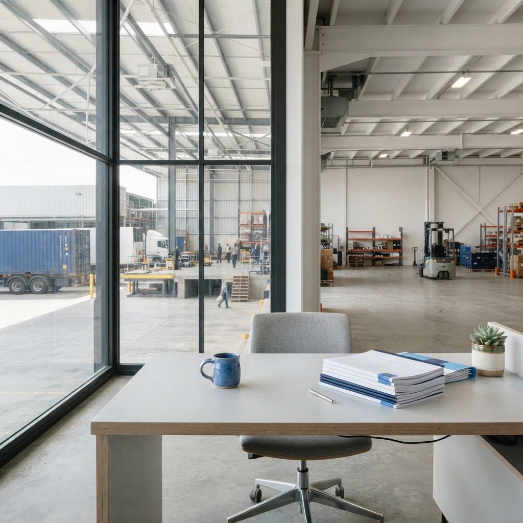 Clean warehouse workspace and desk
