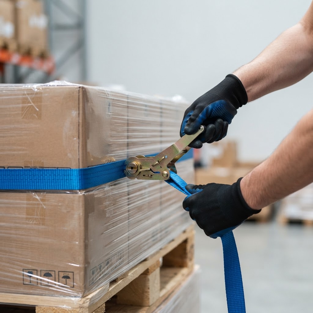 Hands securing a shipment on a pallet