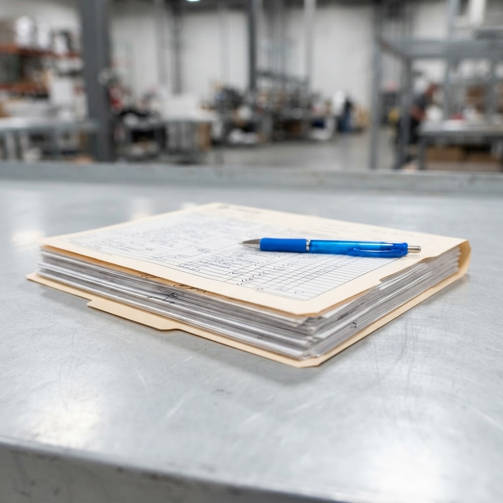 Shipping documents and a blue pen on a workspace