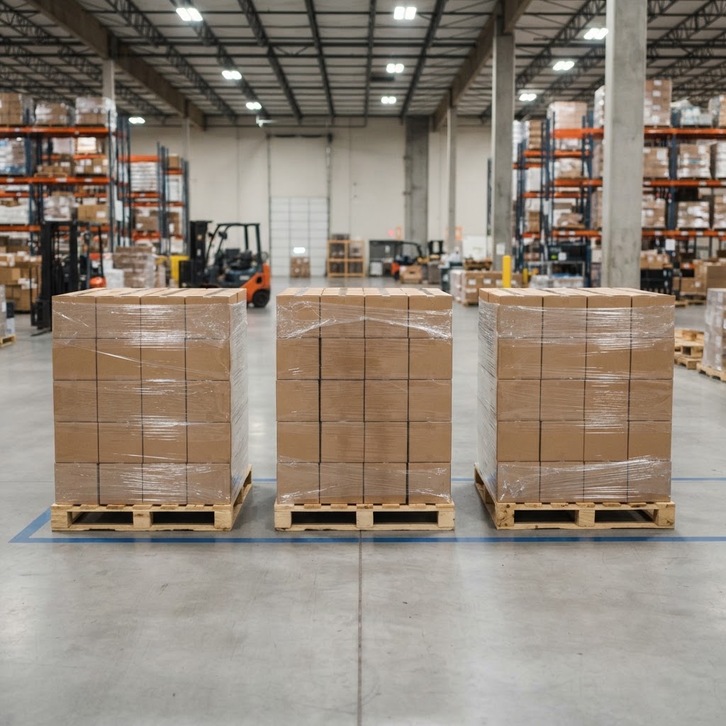 Stacked pallets on a clean warehouse floor