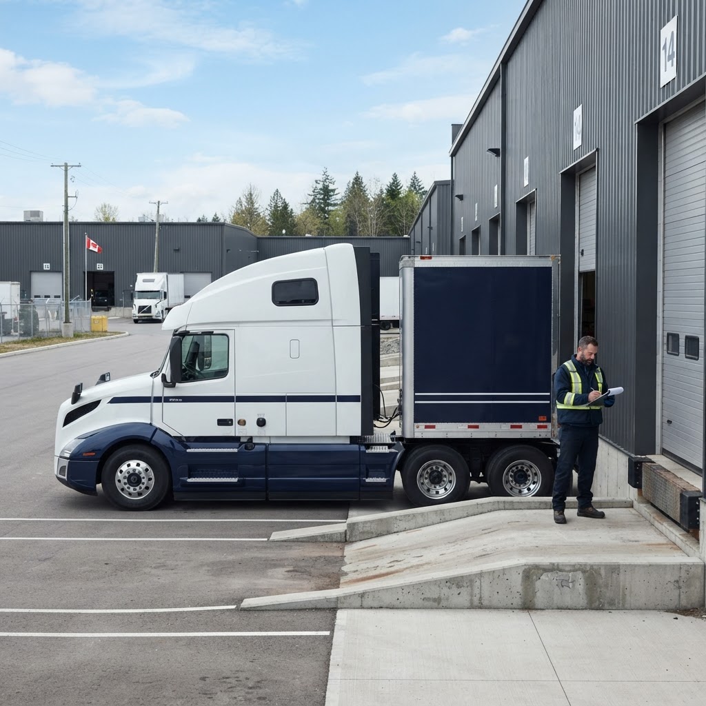 Transport truck parked at a modern warehouse bay