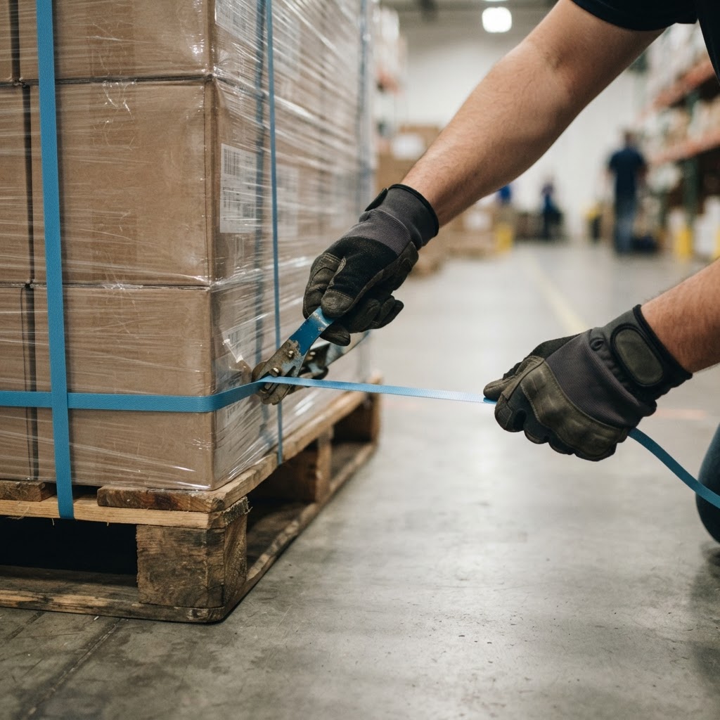 Hands securing a pallet for shipment