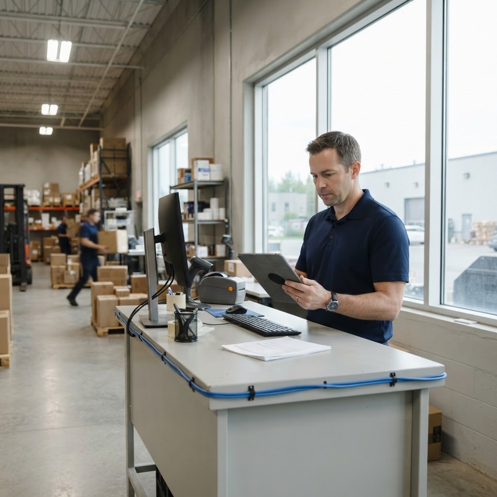 Logistics manager using a mobile device in a warehouse