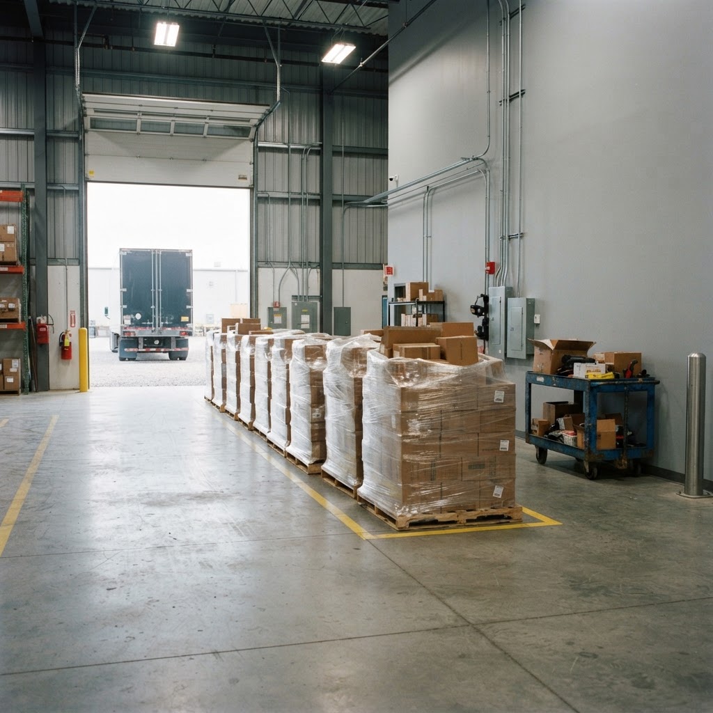 Staged freight pallets on an industrial loading dock