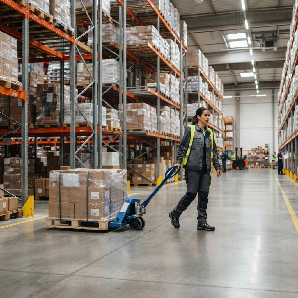 Worker maneuvering a pallet with a manual jack