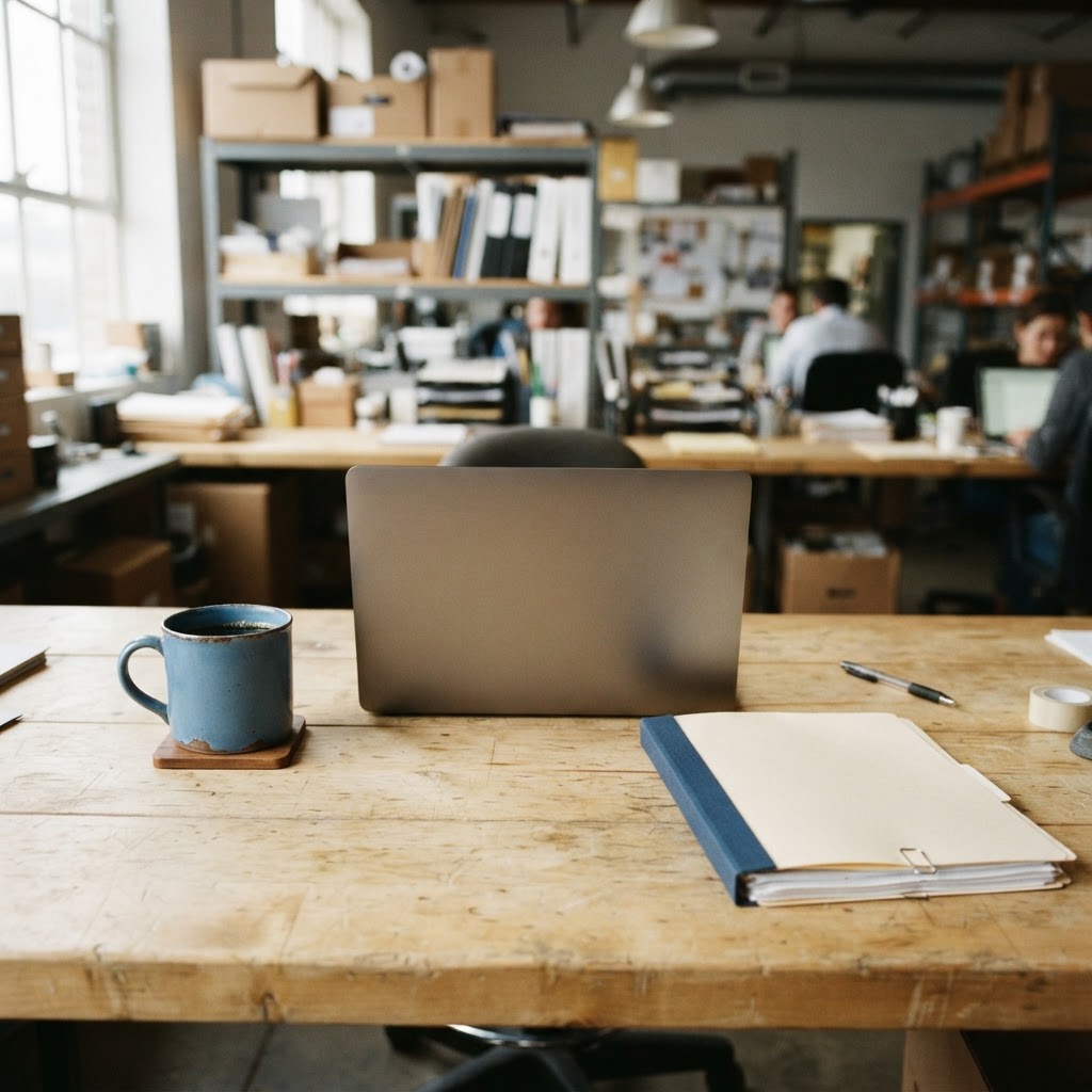Clean shipping office desk with laptop and documents