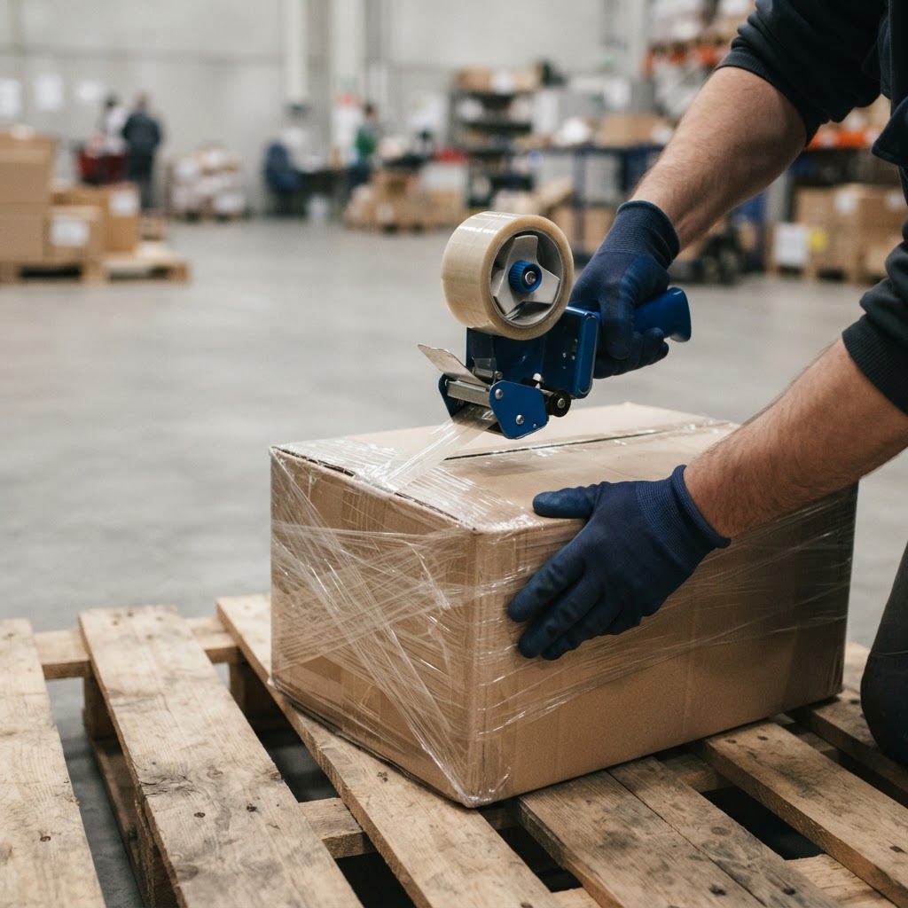 Hands using blue tape dispenser on a freight pallet