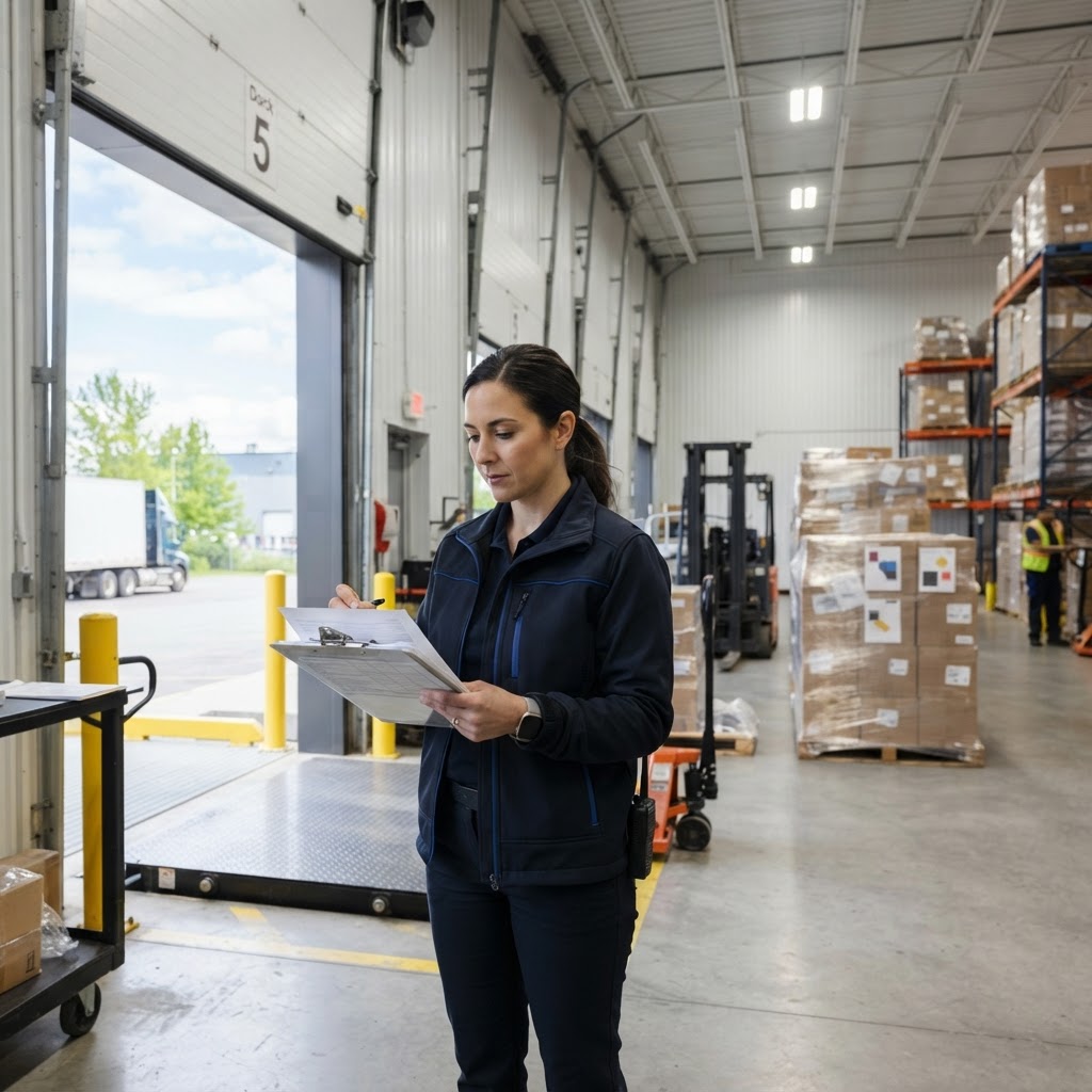 Logistics manager reviewing documents at a warehouse loading dock